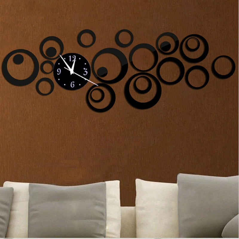 ELECTROPRIME Wall Clock 3D Three-dimensional Acrylic Fashion Mirror Wall Stickers Clock DIY Circle Combination Decorative Clock(Black)
