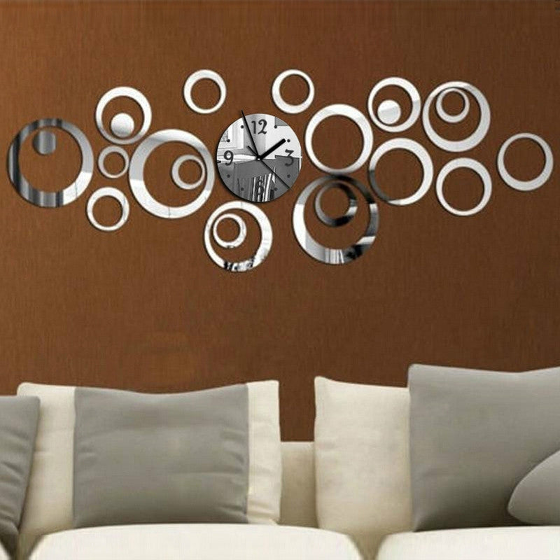 ELECTROPRIME Wall Clock 3D Three-dimensional Acrylic Fashion Mirror Wall Stickers Clock DIY Circle Combination Decorative Clock(Silver)