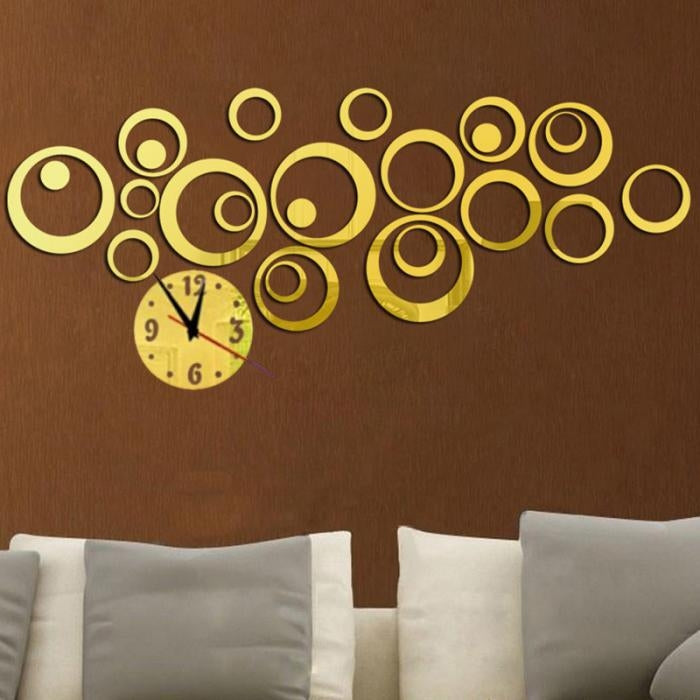 ELECTROPRIME Wall Clock 3D Three-dimensional Acrylic Fashion Mirror Wall Stickers Clock DIY Circle Combination Decorative Clock(Gold)
