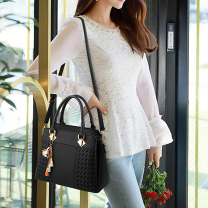 ELECTROPRIME Fashion Women Tassel PU Leather Embroidery Crossbody Bag Shoulder Bag Simple Style Hand Bags(black)