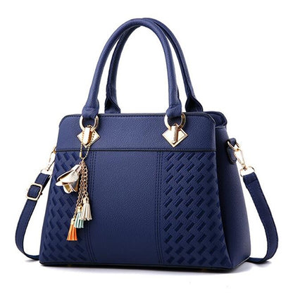 ELECTROPRIME Fashion Women Tassel PU Leather Embroidery Crossbody Bag Shoulder Bag Simple Style Hand Bags(dark blue)