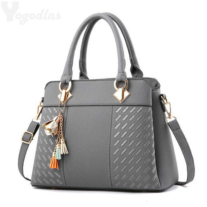 ELECTROPRIME Fashion Women Tassel PU Leather Embroidery Crossbody Bag Shoulder Bag Simple Style Hand Bags(gray)