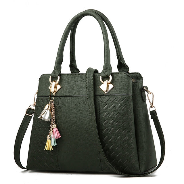 ELECTROPRIME Fashion Women Tassel PU Leather Embroidery Crossbody Bag Shoulder Bag Simple Style Hand Bags(Green)