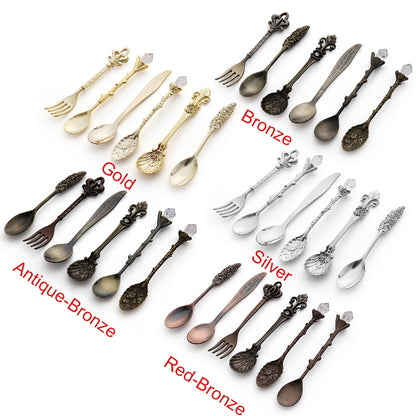 ELECTROPRIME 6pcs / Set Vintage Mini Coffee Spoons Suit Royal Style Metal Carved Coffee Fruit Cutler Dessert Flatware Kitchen Tools Gold
