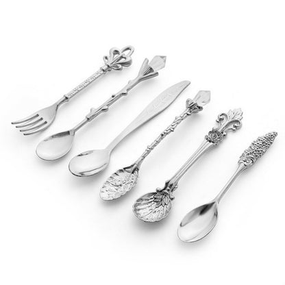 ELECTROPRIME 6pcs / Set Vintage Mini Coffee Spoons Suit Royal Style Metal Carved Coffee Fruit Cutler Dessert Flatware Kitchen Tools Silver