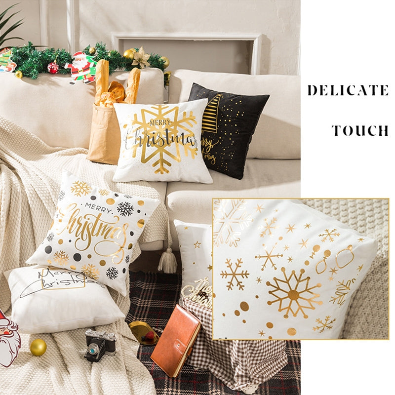 ELECTROPRIME Merry Christmas Pillow Case Gold Foil Printing Pillow Cover Sofa Waist Throw Cushion Cover Coffee Shop Decorative 43cm x 43cm(15)