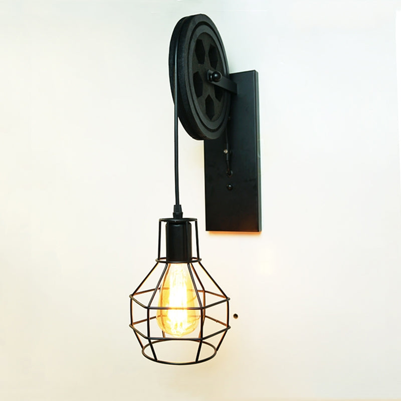 ELECTROPRIME 40W Grenade Retro Wrought Iron Pulley Lifting Wall Lamp Corridor Aisle Porch Wall Lamp(Black No Bulb)