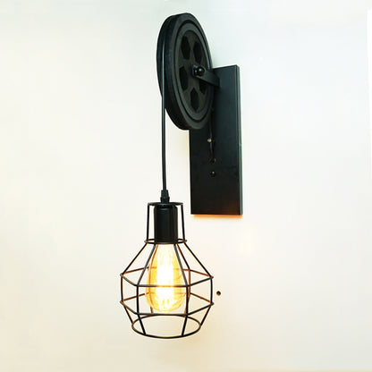 ELECTROPRIME 40W Grenade Retro Wrought Iron Pulley Lifting Wall Lamp Corridor Aisle Porch Wall Lamp(Black No Bulb)