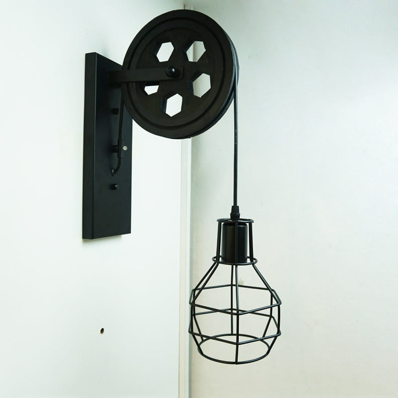 ELECTROPRIME 40W Grenade Retro Wrought Iron Pulley Lifting Wall Lamp Corridor Aisle Porch Wall Lamp(Black No Bulb)