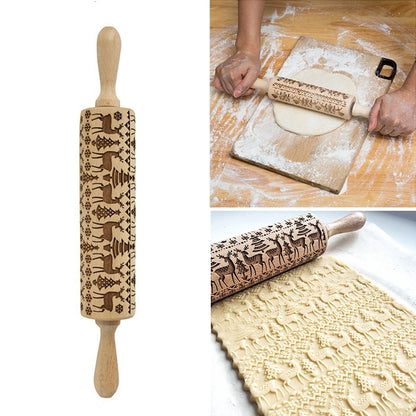 ELECTROPRIME Christmas Embossing Rolling Pin Baking Cookies Fondant Cake Dough Engraved Roller(35cm elk)