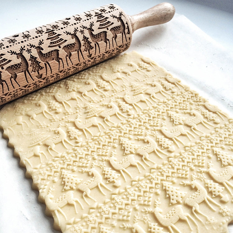 ELECTROPRIME Christmas Embossing Rolling Pin Baking Cookies Fondant Cake Dough Engraved Roller(35cm elk)