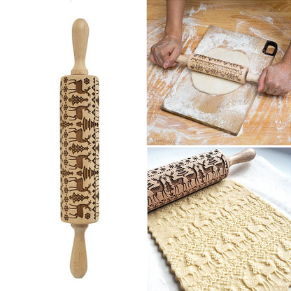 ELECTROPRIME Christmas Embossing Rolling Pin Baking Cookies Fondant Cake Dough Engraved Roller(43cm elk)