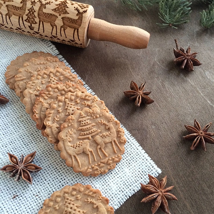 ELECTROPRIME Christmas Embossing Rolling Pin Baking Cookies Fondant Cake Dough Engraved Roller(43cm elk)