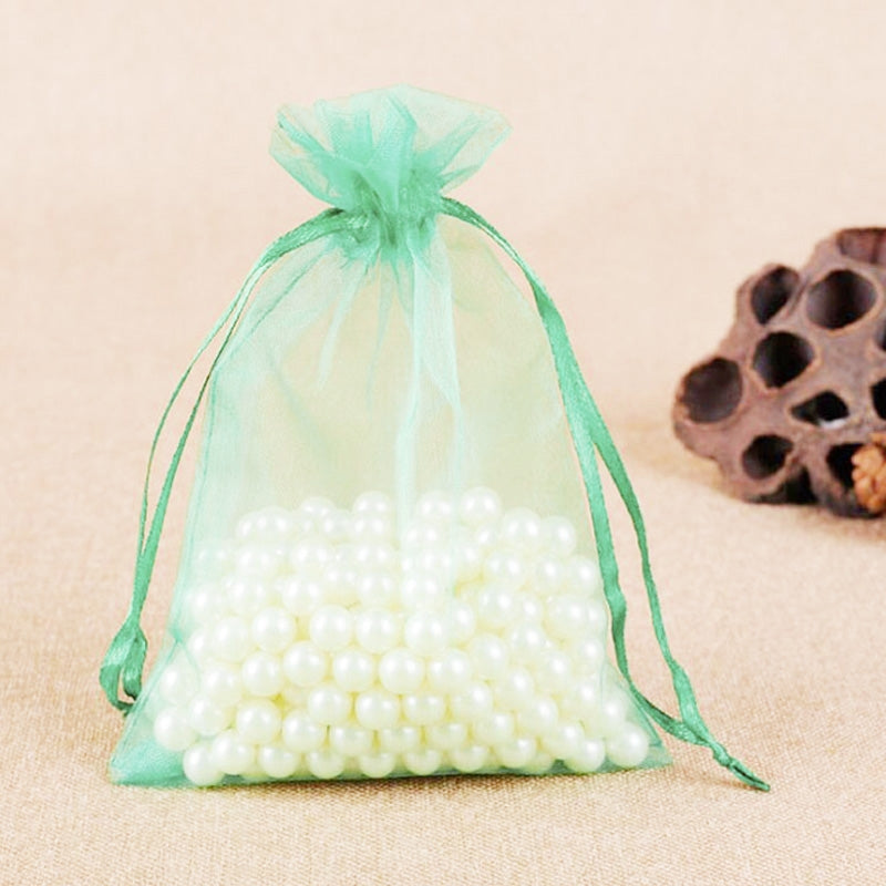 ELECTROPRIME 100 PCS Gift Bags Jewelry Organza Bag Wedding Birthday Party Drawable Pouches, Gift Bag Size:7X9cm(Light Green)