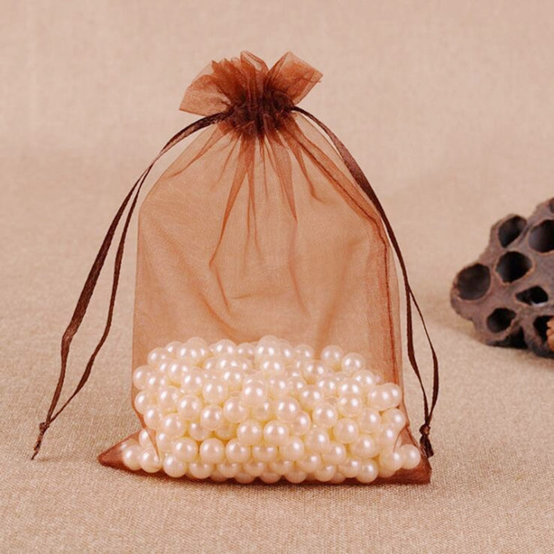 ELECTROPRIME 100 PCS Gift Bags Jewelry Organza Bag Wedding Birthday Party Drawable Pouches, Gift Bag Size:10x15cm(Coffee)