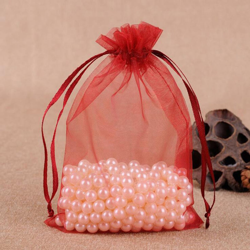 ELECTROPRIME 100 PCS Gift Bags Jewelry Organza Bag Wedding Birthday Party Drawable Pouches, Gift Bag Size:13X18cm(Wine Red)