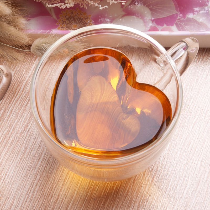 ELECTROPRIME Heart Shaped Double Wall Glass Mug Resistant Transparent Tea Cups(240ml)