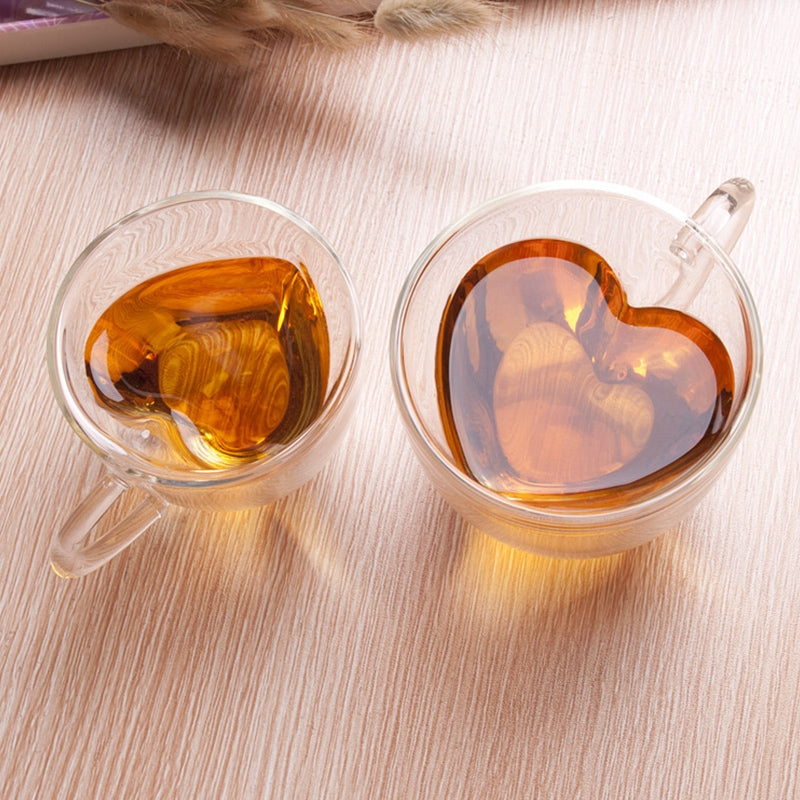 ELECTROPRIME Heart Shaped Double Wall Glass Mug Resistant Transparent Tea Cups(240ml)
