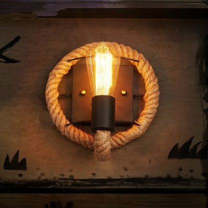 ELECTROPRIME Vintage Hemp Rope Edison Light Bulb Wrought Iron Wall Lamp without Bulb(Round)