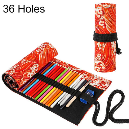 ELECTROPRIME Golden Red Sea Wave Printing Roller Pencil Case Large Capacity Pencilcase Canvas Big Pen Bag(36 Holes)