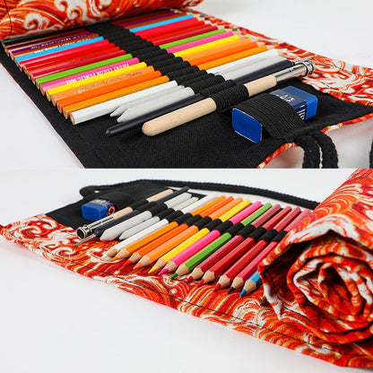 ELECTROPRIME Golden Red Sea Wave Printing Roller Pencil Case Large Capacity Pencilcase Canvas Big Pen Bag(48 Holes)