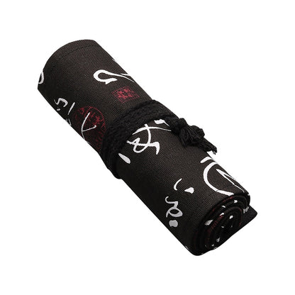 ELECTROPRIME Calligraphy Cute Canvas Roll School Pencil Case Pencilcase Student Pen Bag Stationery Pouch Supplies(12 Holes)