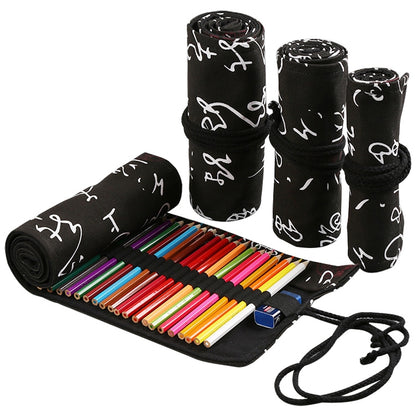 ELECTROPRIME Calligraphy Cute Canvas Roll School Pencil Case Pencilcase Student Pen Bag Stationery Pouch Supplies(48 Holes)