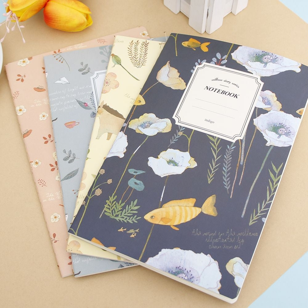 ELECTROPRIME 4 PCS G12G108 Kawaii Cute Nature Flowers Birds Animal Notebook Painting Diary Book Journal Record Office School Supplies, Random Color Delivery
