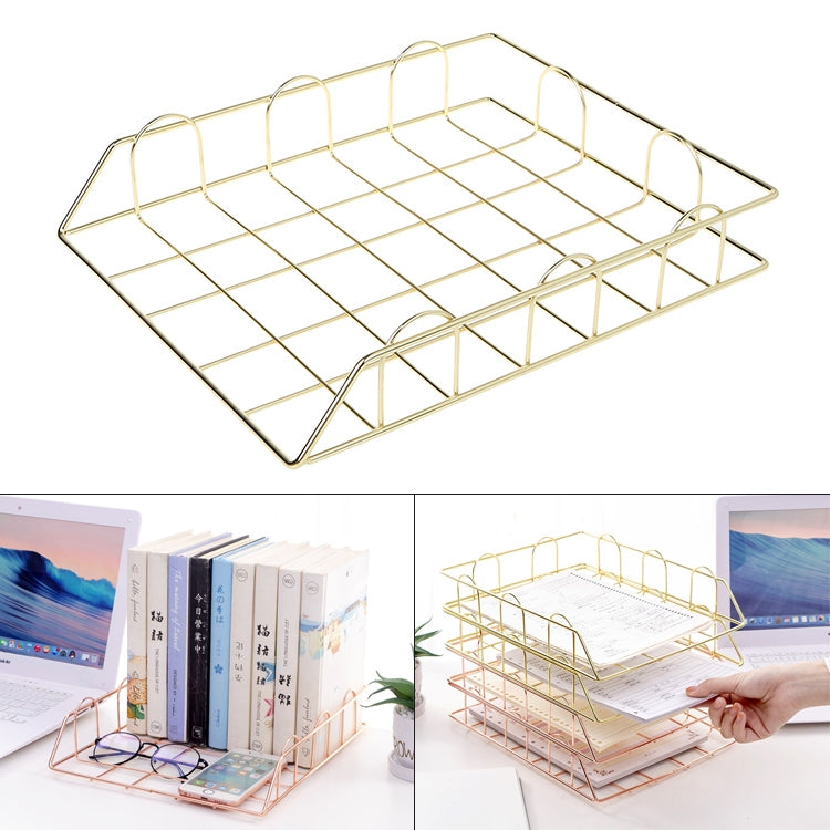 ELECTROPRIME Folding Wrought Iron Letter Magazine Newspaper Holder Storage Rack File Tray Office Desk Organizer Supplies(Gold)