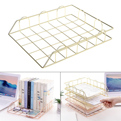 ELECTROPRIME Folding Wrought Iron Letter Magazine Newspaper Holder Storage Rack File Tray Office Desk Organizer Supplies(Gold)