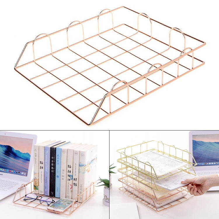 ELECTROPRIME Folding Wrought Iron Letter Magazine Newspaper Holder Storage Rack File Tray Office Desk Organizer Supplies(Rose Gold)