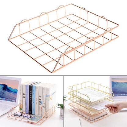 ELECTROPRIME Folding Wrought Iron Letter Magazine Newspaper Holder Storage Rack File Tray Office Desk Organizer Supplies(Rose Gold)