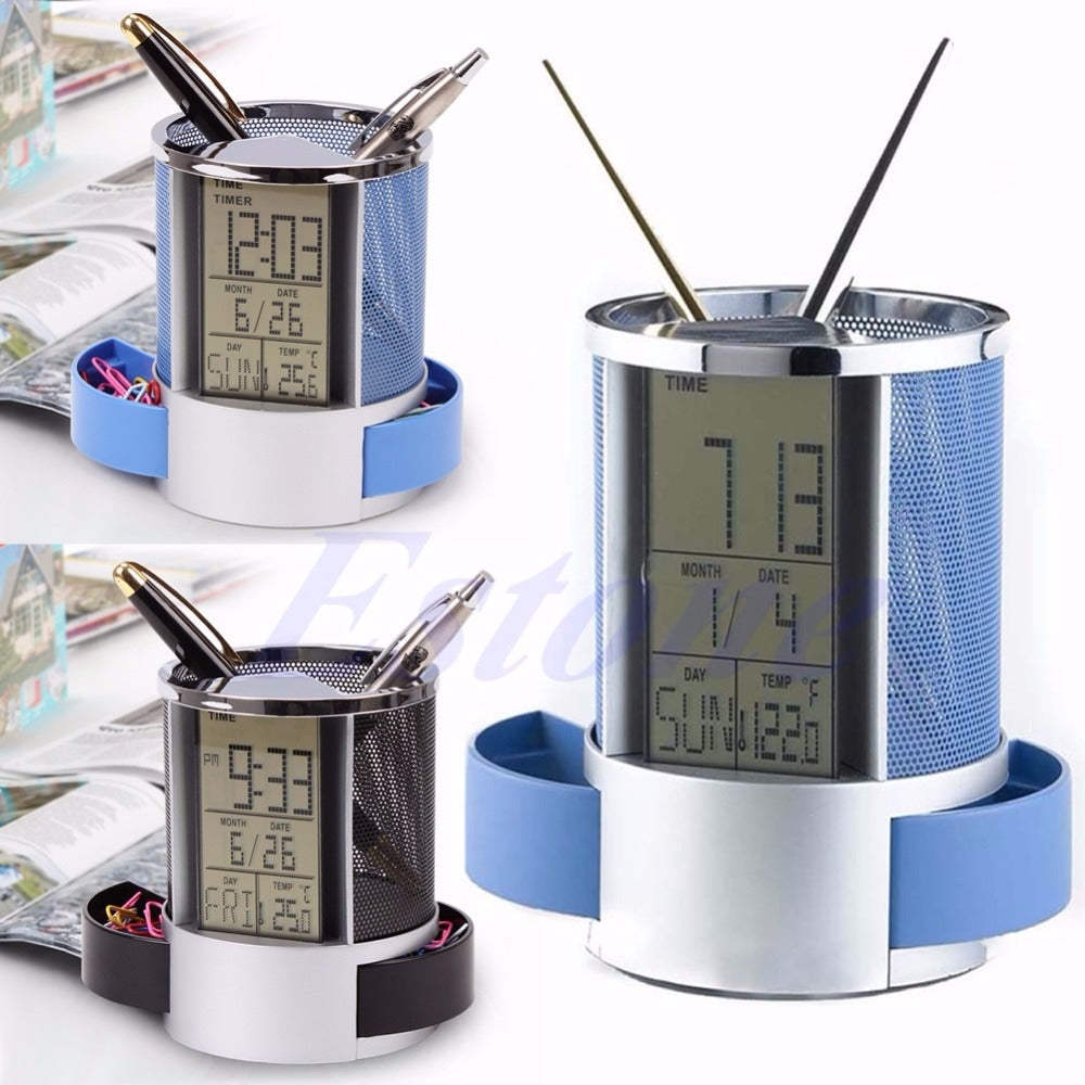 ELECTROPRIME Desk Mesh Pen Pencil Holder Perpetual Calendar Office Supplies Multifunctional Digital LED Pens Storage Box(Blue)