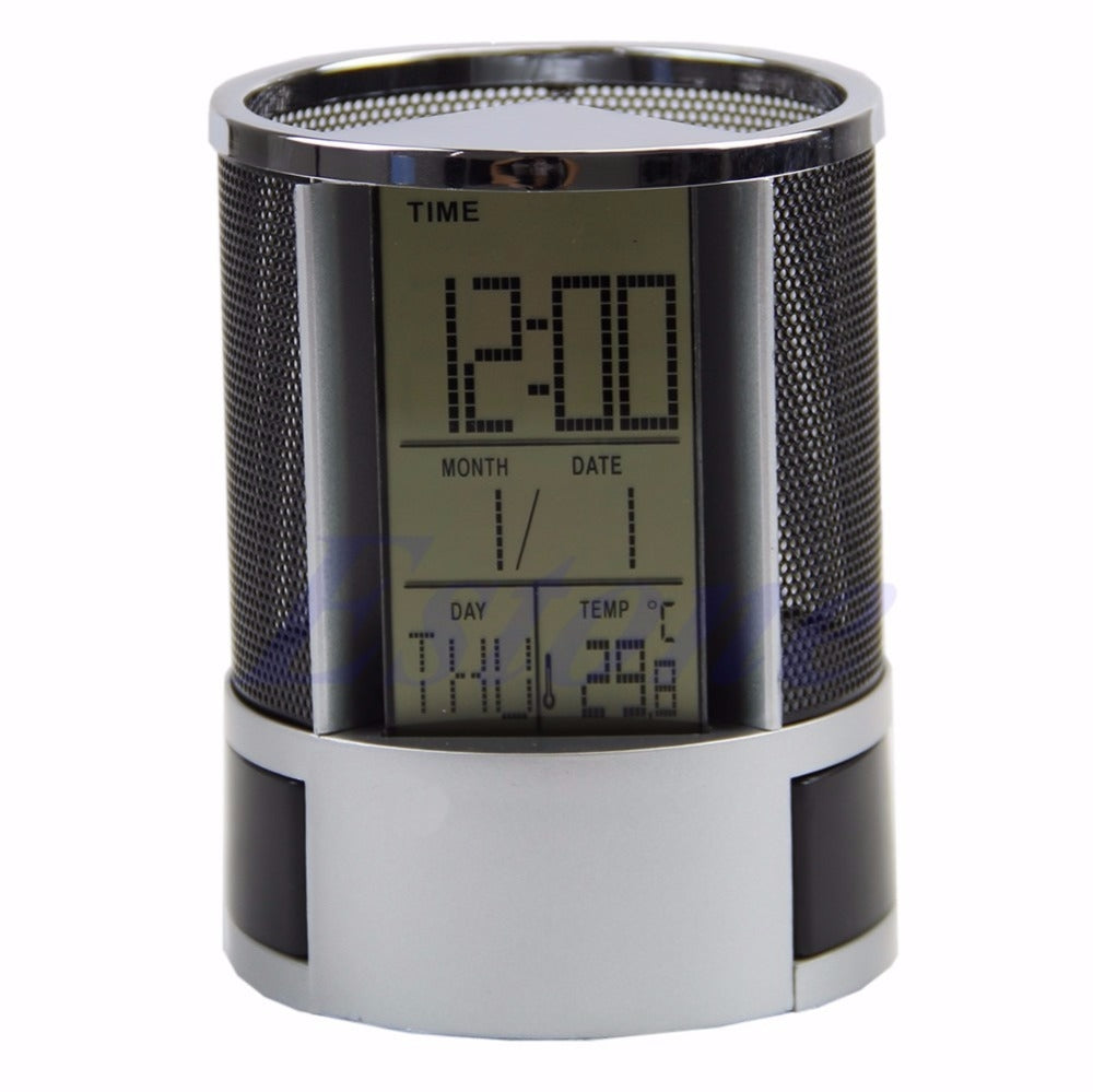 ELECTROPRIME Desk Mesh Pen Pencil Holder Perpetual Calendar Office Supplies Multifunctional Digital LED Pens Storage Box(Blue)