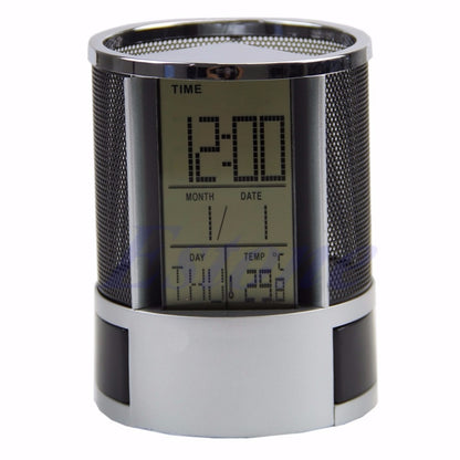 ELECTROPRIME Desk Mesh Pen Pencil Holder Perpetual Calendar Office Supplies Multifunctional Digital LED Pens Storage Box(Blue)