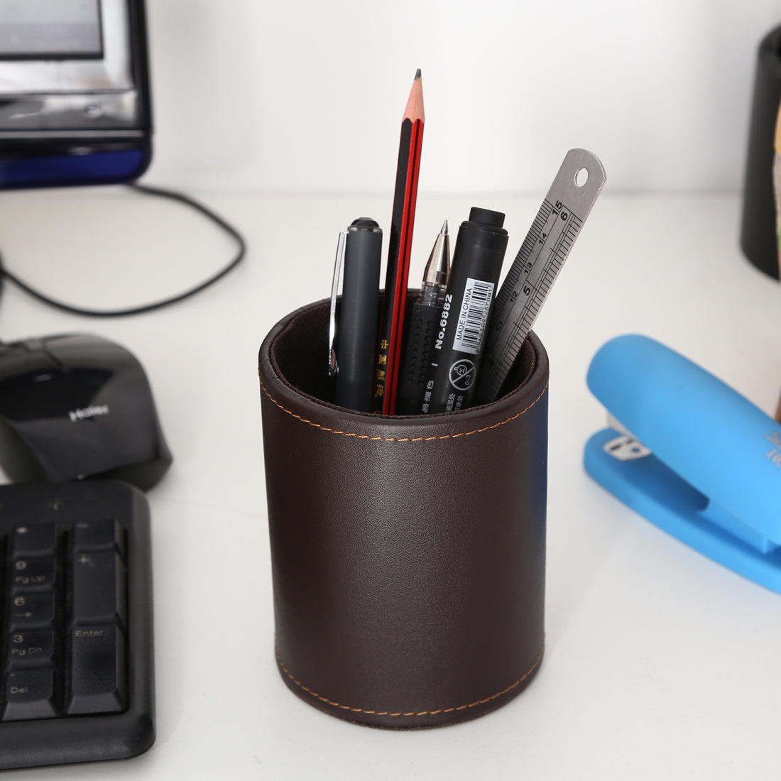 ELECTROPRIME Faux Leather Leather Penholder Desk Supplies Organizer(Brown)