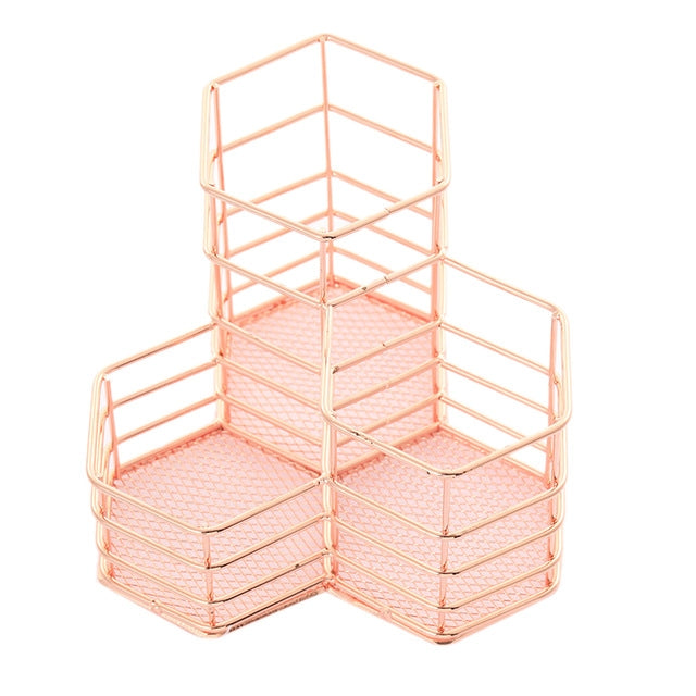 ELECTROPRIME Pen Cup Holder Desk Hexagon Iron Hollow Makeup Brush Organizer Stationery Storage Container Hexagonal Penholder(Rose Gold)