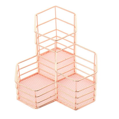 ELECTROPRIME Pen Cup Holder Desk Hexagon Iron Hollow Makeup Brush Organizer Stationery Storage Container Hexagonal Penholder(Rose Gold)