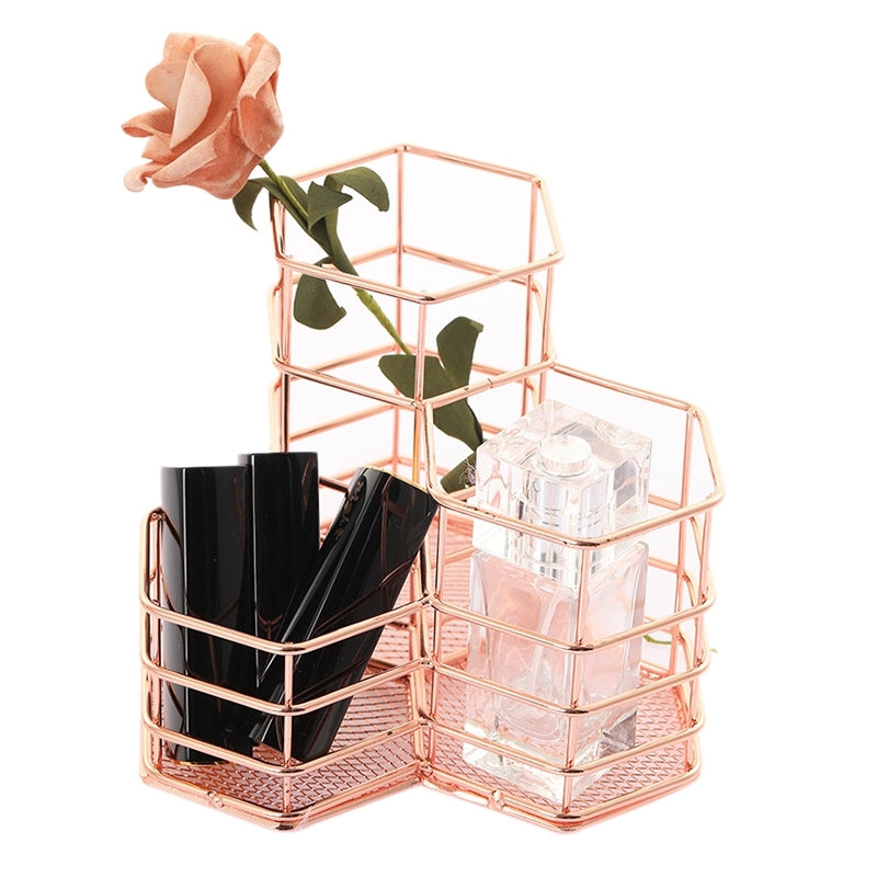 ELECTROPRIME Pen Cup Holder Desk Hexagon Iron Hollow Makeup Brush Organizer Stationery Storage Container Hexagonal Penholder(Rose Gold)