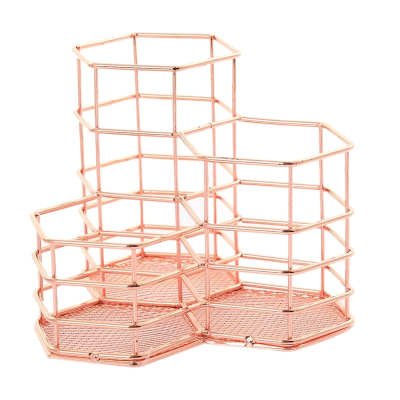 ELECTROPRIME Pen Cup Holder Desk Hexagon Iron Hollow Makeup Brush Organizer Stationery Storage Container Hexagonal Penholder(Rose Gold)