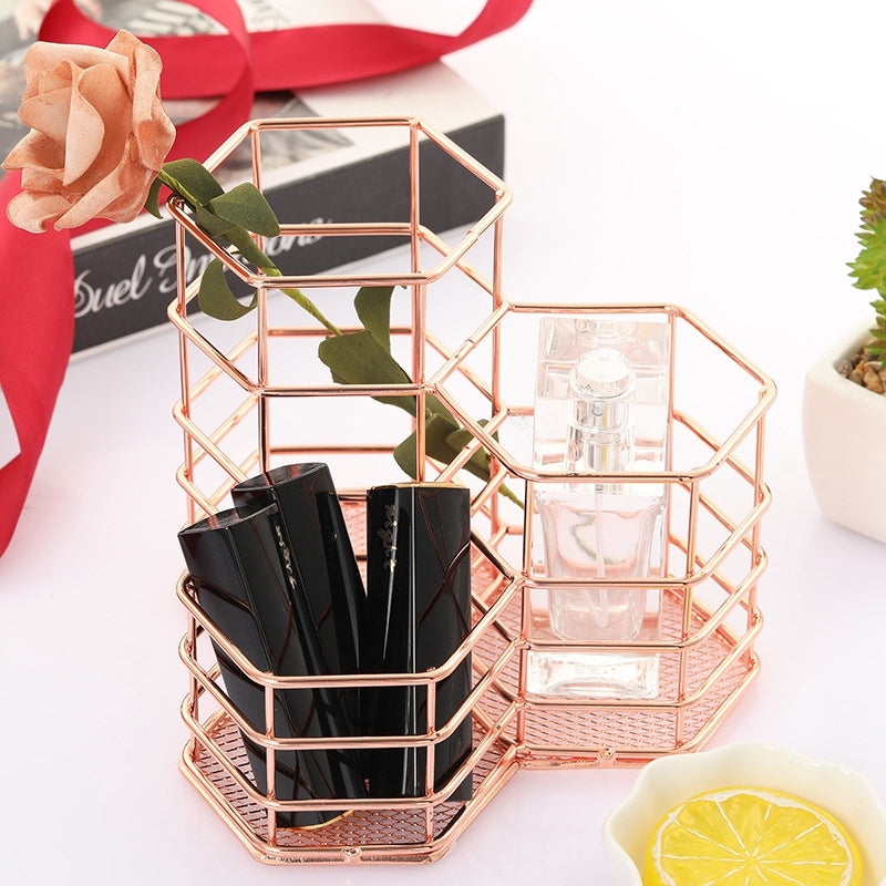 ELECTROPRIME Pen Cup Holder Desk Hexagon Iron Hollow Makeup Brush Organizer Stationery Storage Container Hexagonal Penholder(Rose Gold)