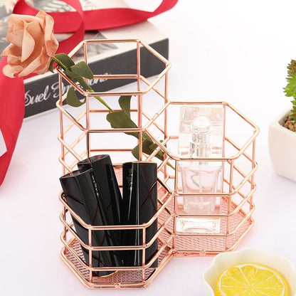 ELECTROPRIME Pen Cup Holder Desk Hexagon Iron Hollow Makeup Brush Organizer Stationery Storage Container Hexagonal Penholder(Rose Gold)