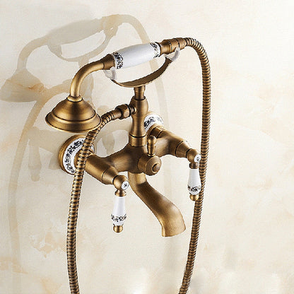 ELECTROPRIME Antique Brass Wall Mounted Bathroom Tub Faucet Dual Ceramics Handles Telephone Style Hand Shower, Specification:Blue and White Telephone Shower