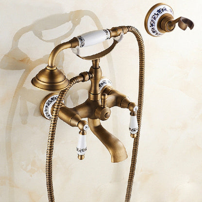 ELECTROPRIME Antique Brass Wall Mounted Bathroom Tub Faucet Dual Ceramics Handles Telephone Style Hand Shower, Specification:Telephone Shower + Blue and White Fixed Seat