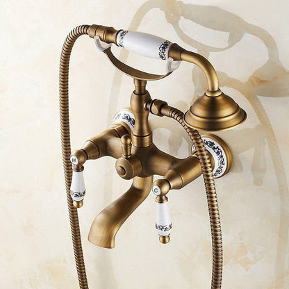 ELECTROPRIME Antique Brass Wall Mounted Bathroom Tub Faucet Dual Ceramics Handles Telephone Style Hand Shower, Specification:Telephone Shower + Blue and White Fixed Seat