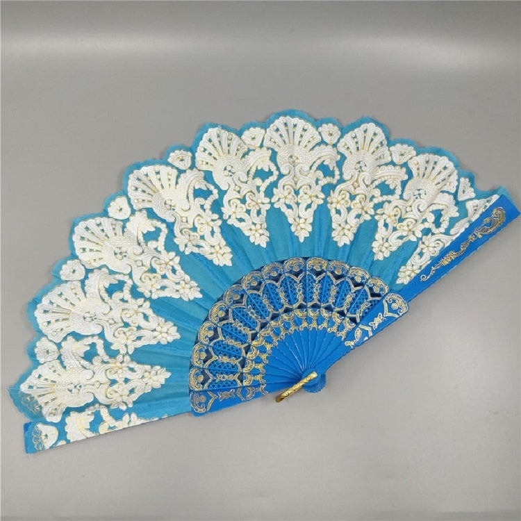 ELECTROPRIME Spain Style Plastic Folding Fan Peacock Lace Fan Ladies Dance Gilding Fan, Size:23x42cm(Lake Blue)