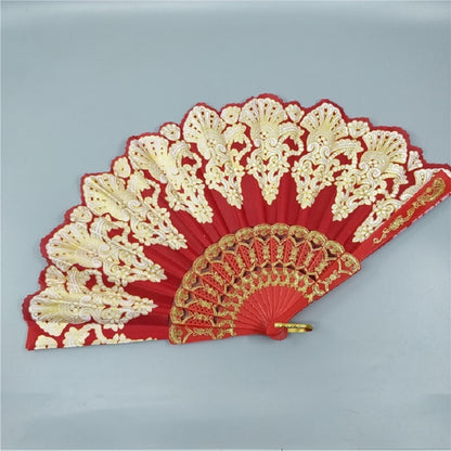 ELECTROPRIME Spain Style Plastic Folding Fan Peacock Lace Fan Ladies Dance Gilding Fan, Size:23x42cm(Red)