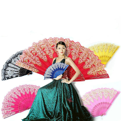 ELECTROPRIME Spain Style Plastic Folding Fan Peacock Lace Fan Ladies Dance Gilding Fan, Size:23x42cm(Rose Red)