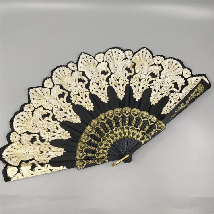 ELECTROPRIME Spain Style Plastic Folding Fan Peacock Lace Fan Ladies Dance Gilding Fan, Size:23x42cm(Black)