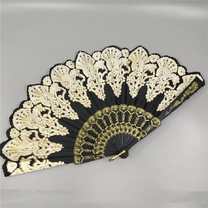 ELECTROPRIME Spain Style Plastic Folding Fan Peacock Lace Fan Ladies Dance Gilding Fan, Size:23x42cm(Black)